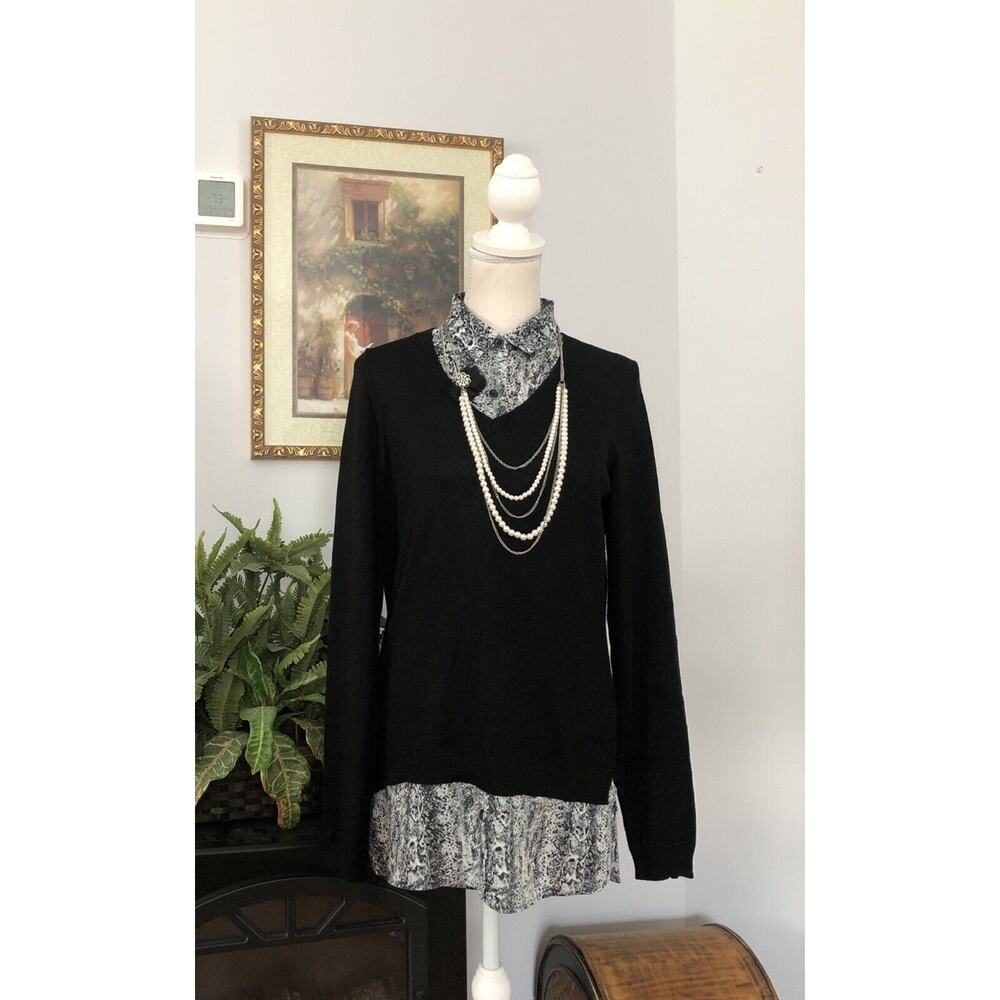 Adrianna Papell Women’s Black White Long Sleeve Knit Blouse Size Small Pullover‎